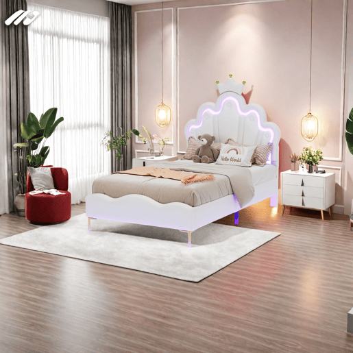 Cama 90x200cm, LED, cama jovem, cama infantil, PU, u200Bu200Bbranca Cama 90x200cm, LED, cama jovem, cama infantil, PU, u200Bu200Bbranca