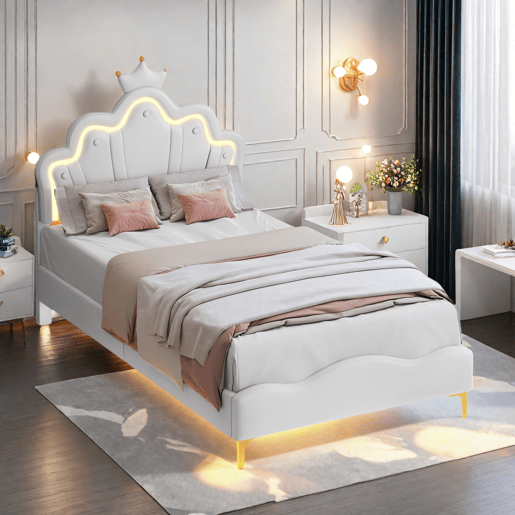 Cama 90x200cm, LED, cama jovem, cama infantil, PU, u200Bu200Bbranca Cama 90x200cm, LED, cama jovem, cama infantil, PU, u200Bu200Bbranca