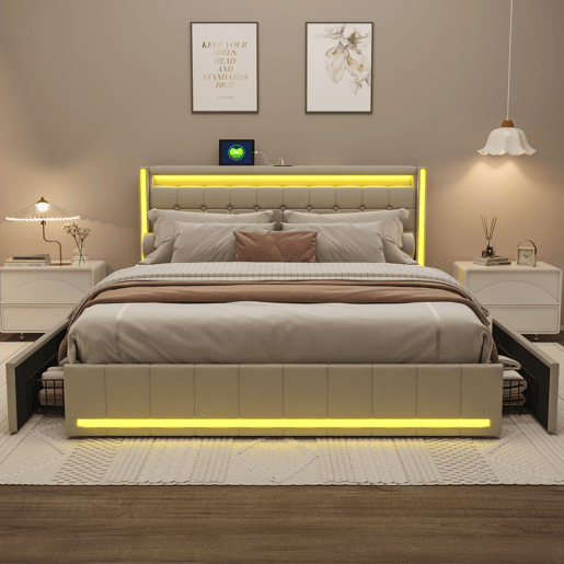 Cama De Casal 140x200 Cm Em Linho, Cabeceira E Peseira Com Leds, Cama Com Arrumação Com 4 Gavetas Metálicas, Portas Usb E Type-c, Bege