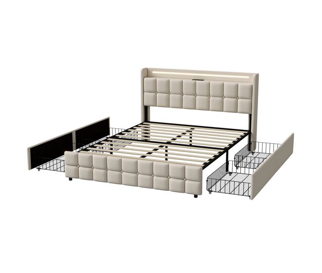Cama con almacenamiento 180x200 cm con cabecero acolchado, led, 4 cajones y puertos usb, beige