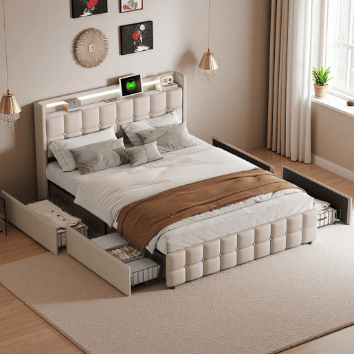 Cama com Arrumação 180x200 cm com Cabeceira Estofada, LED, 4 Gavetas e Portas USB, Bege