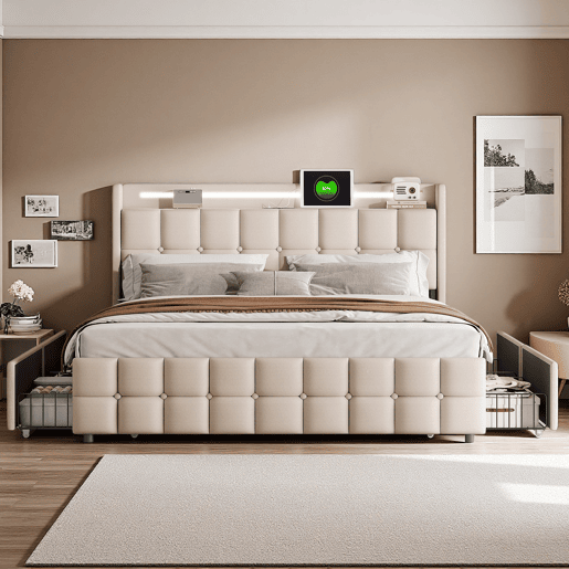 Cama com Arrumação 180x200 cm com Cabeceira Estofada, LED, 4 Gavetas e Portas USB, Bege