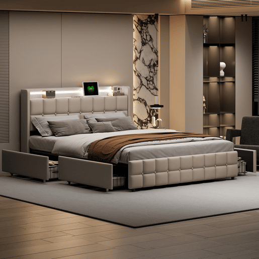 Cama com Arrumação 180x200 cm com Cabeceira Estofada, LED, 4 Gavetas e Portas USB, Bege
