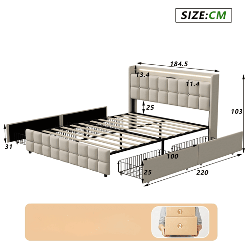 Cama com Arrumação 180x200 cm com Cabeceira Estofada, LED, 4 Gavetas e Portas USB, Bege