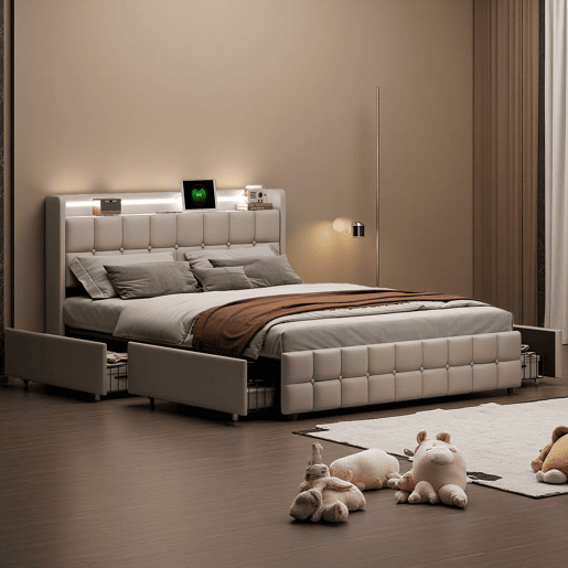 Cama com Arrumação 180x200 cm com Cabeceira Estofada, LED, 4 Gavetas e Portas USB, Bege