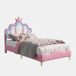 Shopentra Cama infantil 90x200 cm com LED, cabeceira em forma de coroa, estofada em PU, rosa
