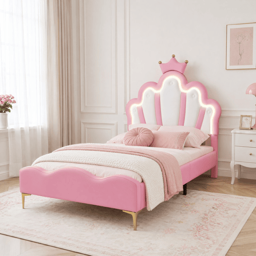 Shopentra Cama infantil 90x200 cm com LED, cabeceira em forma de coroa, estofada em PU, rosa Shopentra Cama infantil 90x200 cm com LED, cabeceira em forma de coroa, estofada em PU, rosa
