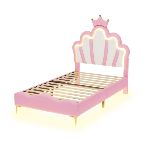 Shopentra Cama infantil 90x200 cm com LED, cabeceira em forma de coroa, estofada em PU, rosa Shopentra Cama infantil 90x200 cm com LED, cabeceira em forma de coroa, estofada em PU, rosa