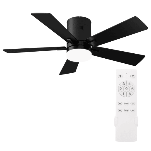 Ventoinha de teto 42 preta com luz LED, 5 pás, motor DC reversível, comando à distância, 3 temperaturas de cor