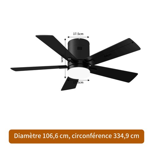 Ventoinha de teto 42 preta com luz LED, 5 pás, motor DC reversível, comando à distância, 3 temperaturas de cor