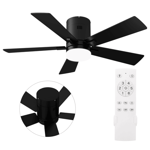 Ventoinha de teto 42 preta com luz LED, 5 pás, motor DC reversível, comando à distância, 3 temperaturas de cor