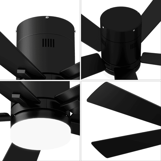 Ventoinha de teto 42 preta com luz LED, 5 pás, motor DC reversível, comando à distância, 3 temperaturas de cor