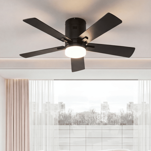 Ventoinha de teto 42 preta com luz LED, 5 pás, motor DC reversível, comando à distância, 3 temperaturas de cor