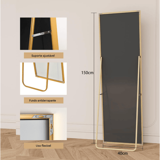 Espelho de corpo inteiro de 150 x 40 cm, modelo 3 em 1 (pode ser utilizado com suporte ou fixado à parede) ideal para corredores, quartos, salas de estar e halls de entrada u2013 Dourado Espelho de corpo inteiro de 150 x 40 cm, modelo 3 em 1 (pode ser utilizado com suporte ou fixado à parede) ideal para corredores, quartos, salas de estar e halls de entrada u2013 Dourado