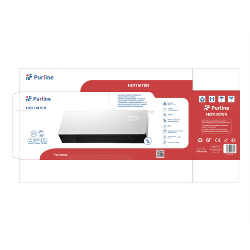 Aquecedor cerâmico de parede 2000W de potência. Apropriado para casas de banho com IP22. Display LED. Programável semanalmente. Função janela aberta e bloqueio infantil.