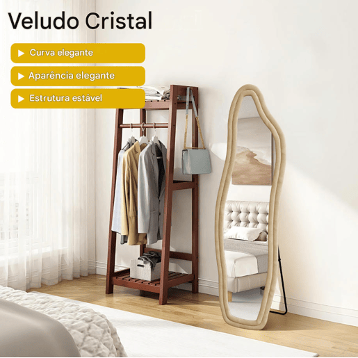 Espelho de pé 160x50cm u2013 Formato irregular e curvo, moldura em veludo Amarillo u2013 Perfeito para uma visão de corpo inteiro e para conferir o look. Espelho de pé 160x50cm u2013 Formato irregular e curvo, moldura em veludo Amarillo u2013 Perfeito para uma visão de corpo inteiro e para conferir o look.