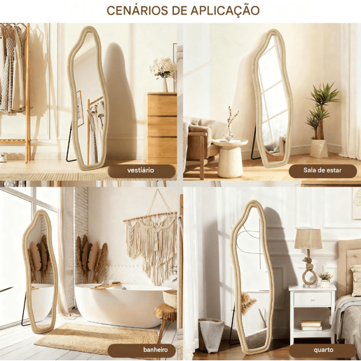 Espelho de pé 160x50cm u2013 Formato irregular e curvo, moldura em veludo Amarillo u2013 Perfeito para uma visão de corpo inteiro e para conferir o look. Espelho de pé 160x50cm u2013 Formato irregular e curvo, moldura em veludo Amarillo u2013 Perfeito para uma visão de corpo inteiro e para conferir o look.