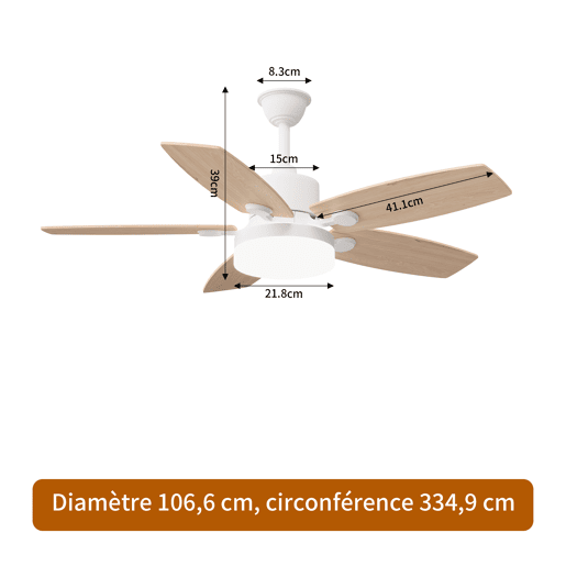 Ventoinha de teto 42 com luz LED, 5 pás efeito madeira, motor DC reversível, comando à distância, temporizador, 3 temperaturas de cor Ventoinha de teto 42 com luz LED, 5 pás efeito madeira, motor DC reversível, comando à distância, temporizador, 3 temperaturas de cor