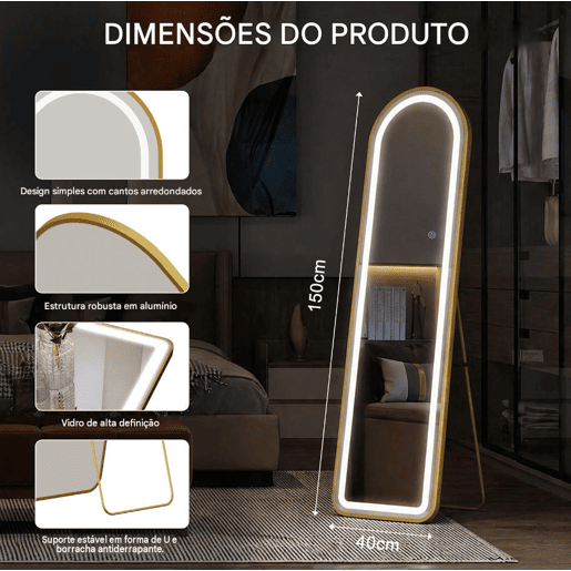 Espelho de corpo inteiro, 150 x 40 cm, curvo, pode ser colocado no chão ou na parede, LED, vidro de segurança à prova de explosão
