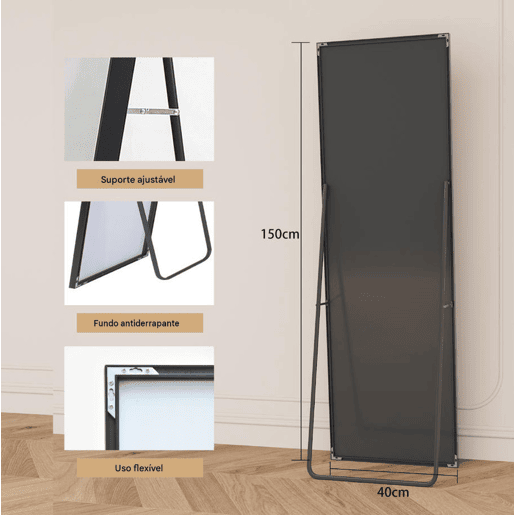 Espelho de corpo inteiro 150 x 40 cm, espelho 3 em 1 (de chão e de parede), espelho de vestir, espelho para corredor, quarto, sala de estar e hall de entrada u2013 Preto Espelho de corpo inteiro 150 x 40 cm, espelho 3 em 1 (de chão e de parede), espelho de vestir, espelho para corredor, quarto, sala de estar e hall de entrada u2013 Preto