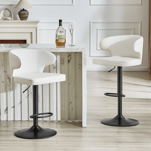Bancos de bar, 2 unidades - altura ajustável, giratórios a 360°, com encosto e apoio para os pés - Branco Bancos de bar, 2 unidades - altura ajustável, giratórios a 360°, com encosto e apoio para os pés - Branco