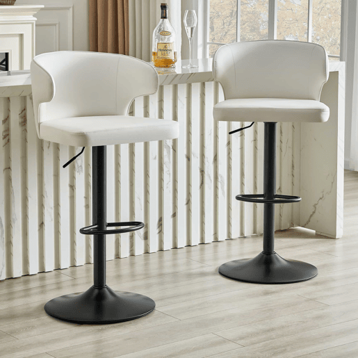 Bancos de bar, 2 unidades - altura ajustável, giratórios a 360°, com encosto e apoio para os pés - Branco Bancos de bar, 2 unidades - altura ajustável, giratórios a 360°, com encosto e apoio para os pés - Branco