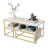 Mesa de centro 2 em 1 de 105 cm com acabamento efeito mármore branco, estrutura metálica, mesa lateral desmontável e prateleiras para sala de estar