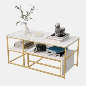 Mesa de centro 2 em 1 de 105 cm com acabamento efeito mármore branco, estrutura metálica, mesa lateral desmontável e prateleiras para sala de estar