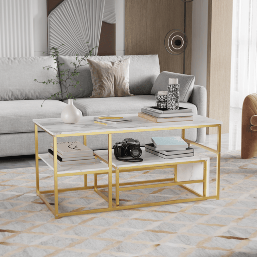 Mesa de centro 2 em 1 de 105 cm com acabamento efeito mármore branco, estrutura metálica, mesa lateral desmontável e prateleiras para sala de estar Mesa de centro 2 em 1 de 105 cm com acabamento efeito mármore branco, estrutura metálica, mesa lateral desmontável e prateleiras para sala de estar