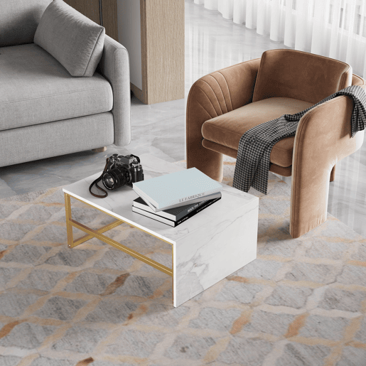 Mesa de centro 2 em 1 de 105 cm com acabamento efeito mármore branco, estrutura metálica, mesa lateral desmontável e prateleiras para sala de estar Mesa de centro 2 em 1 de 105 cm com acabamento efeito mármore branco, estrutura metálica, mesa lateral desmontável e prateleiras para sala de estar