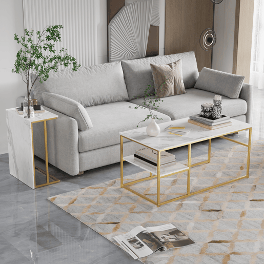 Mesa de centro 2 em 1 de 105 cm com acabamento efeito mármore branco, estrutura metálica, mesa lateral desmontável e prateleiras para sala de estar Mesa de centro 2 em 1 de 105 cm com acabamento efeito mármore branco, estrutura metálica, mesa lateral desmontável e prateleiras para sala de estar