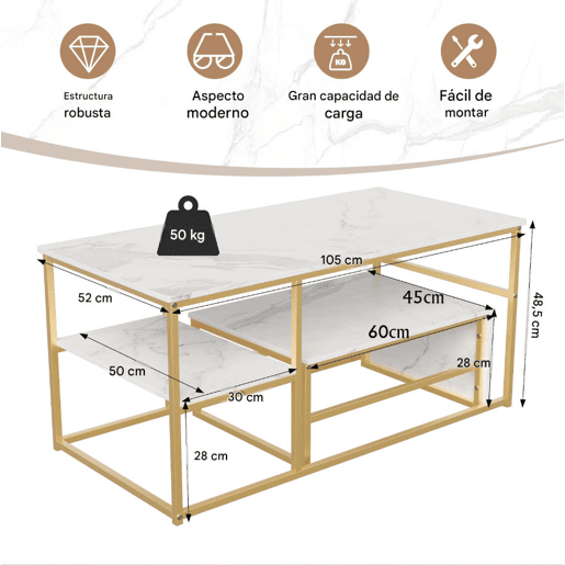 Mesa de centro 2 em 1 de 105 cm com acabamento efeito mármore branco, estrutura metálica, mesa lateral desmontável e prateleiras para sala de estar Mesa de centro 2 em 1 de 105 cm com acabamento efeito mármore branco, estrutura metálica, mesa lateral desmontável e prateleiras para sala de estar