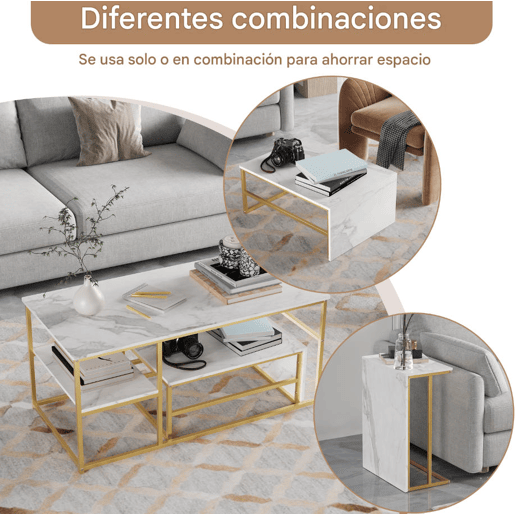 Mesa de centro 2 em 1 de 105 cm com acabamento efeito mármore branco, estrutura metálica, mesa lateral desmontável e prateleiras para sala de estar Mesa de centro 2 em 1 de 105 cm com acabamento efeito mármore branco, estrutura metálica, mesa lateral desmontável e prateleiras para sala de estar