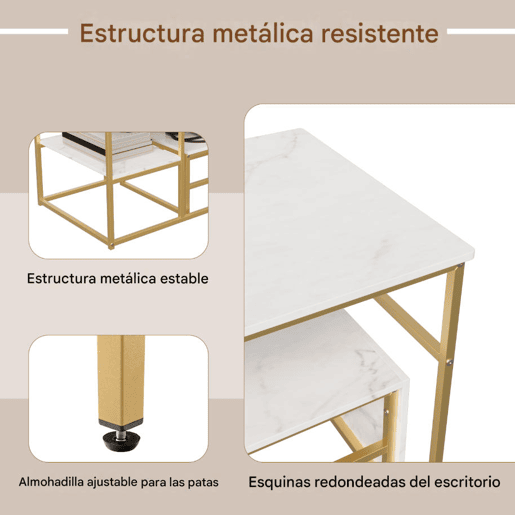 Mesa de centro 2 em 1 de 105 cm com acabamento efeito mármore branco, estrutura metálica, mesa lateral desmontável e prateleiras para sala de estar Mesa de centro 2 em 1 de 105 cm com acabamento efeito mármore branco, estrutura metálica, mesa lateral desmontável e prateleiras para sala de estar