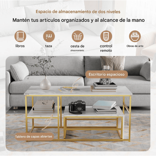 Mesa de centro 2 em 1 de 105 cm com acabamento efeito mármore branco, estrutura metálica, mesa lateral desmontável e prateleiras para sala de estar Mesa de centro 2 em 1 de 105 cm com acabamento efeito mármore branco, estrutura metálica, mesa lateral desmontável e prateleiras para sala de estar