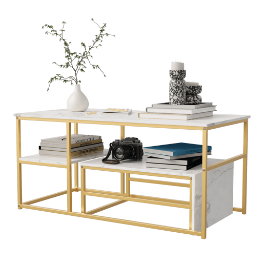 Mesa de centro 2 em 1 de 105 cm com acabamento efeito mármore branco, estrutura metálica, mesa lateral desmontável e prateleiras para sala de estar Mesa de centro 2 em 1 de 105 cm com acabamento efeito mármore branco, estrutura metálica, mesa lateral desmontável e prateleiras para sala de estar