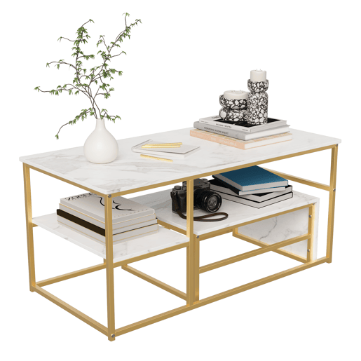 Mesa de centro 2 em 1 de 105 cm com acabamento efeito mármore branco, estrutura metálica, mesa lateral desmontável e prateleiras para sala de estar Mesa de centro 2 em 1 de 105 cm com acabamento efeito mármore branco, estrutura metálica, mesa lateral desmontável e prateleiras para sala de estar