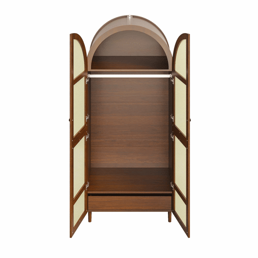 Roupeiro - Design com portas curvas, varão para pendurar roupa e gavetas, muito espaço de arrumação - Nogueira