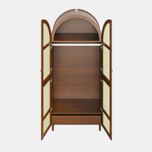 Roupeiro - Design com portas curvas, varão para pendurar roupa e gavetas, muito espaço de arrumação - Nogueira