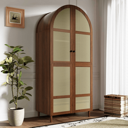 Roupeiro - Design com portas curvas, varão para pendurar roupa e gavetas, muito espaço de arrumação - Nogueira