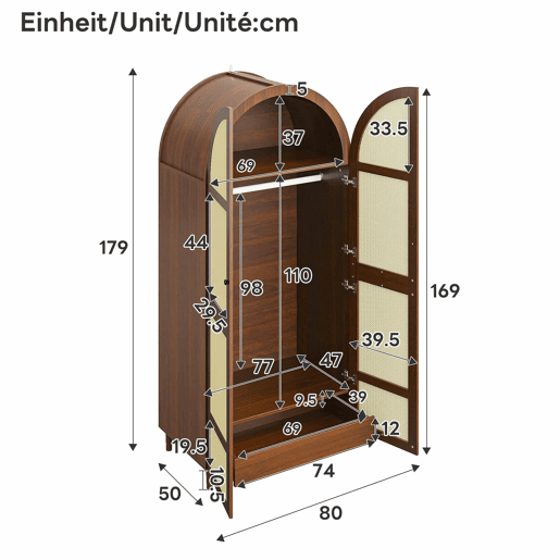 Roupeiro - Design com portas curvas, varão para pendurar roupa e gavetas, muito espaço de arrumação - Nogueira