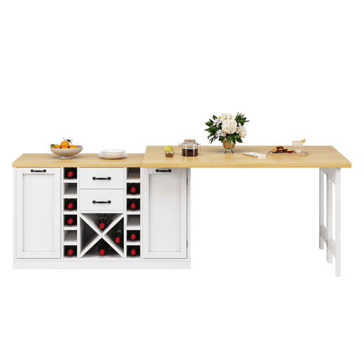 Ilha de cozinha 120u2013223 cm u2013 giratória a 360°, com arrumação, suporte para garrafas extraível, suporte para caixote do lixo e prateleiras laterais u2013 Branco