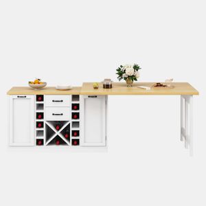 Ilha de cozinha 120u2013223 cm u2013 giratória a 360°, com arrumação, suporte para garrafas extraível, suporte para caixote do lixo e prateleiras laterais u2013 Branco