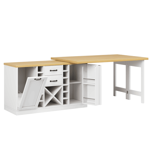 Ilha de cozinha 120u2013223 cm u2013 giratória a 360°, com arrumação, suporte para garrafas extraível, suporte para caixote do lixo e prateleiras laterais u2013 Branco