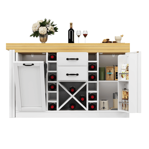 Ilha de cozinha 120u2013223 cm u2013 giratória a 360°, com arrumação, suporte para garrafas extraível, suporte para caixote do lixo e prateleiras laterais u2013 Branco