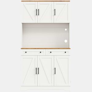 Armário de cozinha 180 x 100 x 40 cm u2013 com iluminação LED, tomadas, organizador extraível e prateleiras na porta u2013 Natural e branco