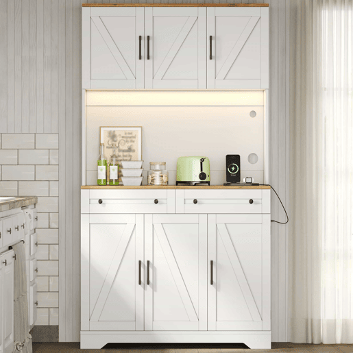 Armário de cozinha 180 x 100 x 40 cm u2013 com iluminação LED, tomadas, organizador extraível e prateleiras na porta u2013 Natural e branco Armário de cozinha 180 x 100 x 40 cm u2013 com iluminação LED, tomadas, organizador extraível e prateleiras na porta u2013 Natural e branco