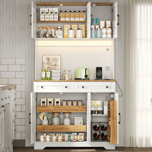 Armário de cozinha 180 x 100 x 40 cm u2013 com iluminação LED, tomadas, organizador extraível e prateleiras na porta u2013 Natural e branco Armário de cozinha 180 x 100 x 40 cm u2013 com iluminação LED, tomadas, organizador extraível e prateleiras na porta u2013 Natural e branco