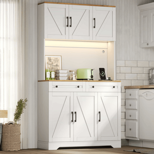 Armário de cozinha 180 x 100 x 40 cm u2013 com iluminação LED, tomadas, organizador extraível e prateleiras na porta u2013 Natural e branco Armário de cozinha 180 x 100 x 40 cm u2013 com iluminação LED, tomadas, organizador extraível e prateleiras na porta u2013 Natural e branco