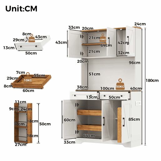 Armário de cozinha 180 x 100 x 40 cm u2013 com iluminação LED, tomadas, organizador extraível e prateleiras na porta u2013 Natural e branco Armário de cozinha 180 x 100 x 40 cm u2013 com iluminação LED, tomadas, organizador extraível e prateleiras na porta u2013 Natural e branco